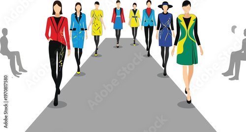 Fashion models group walking on runway catwalk, flat vector illustration of colorful designer clothing collection
