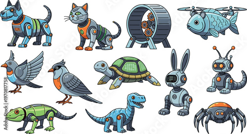 Futuristic Robot Animals Set with Dog Cat Turtle Bird Dinosaur Drone Vector