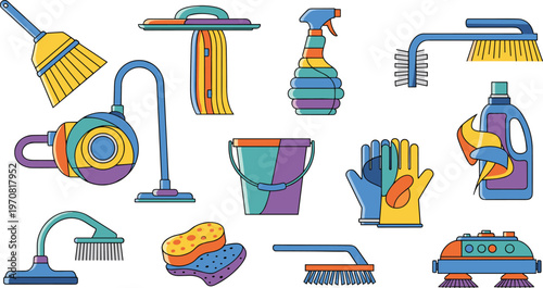 House Cleaning Tools Set with Vacuum Mop Bucket Gloves Spray Brush Vector