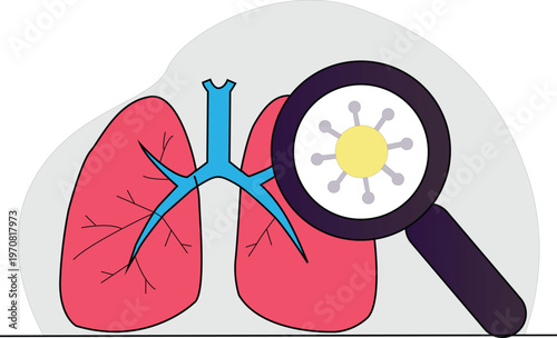 Lungs with bronchial tree and magnifying glass showing virus infection