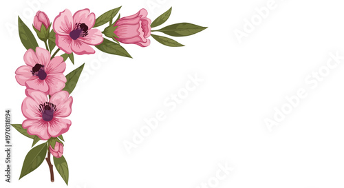 Delicate pink floral corner arrangement with green leaves and buds on a white background