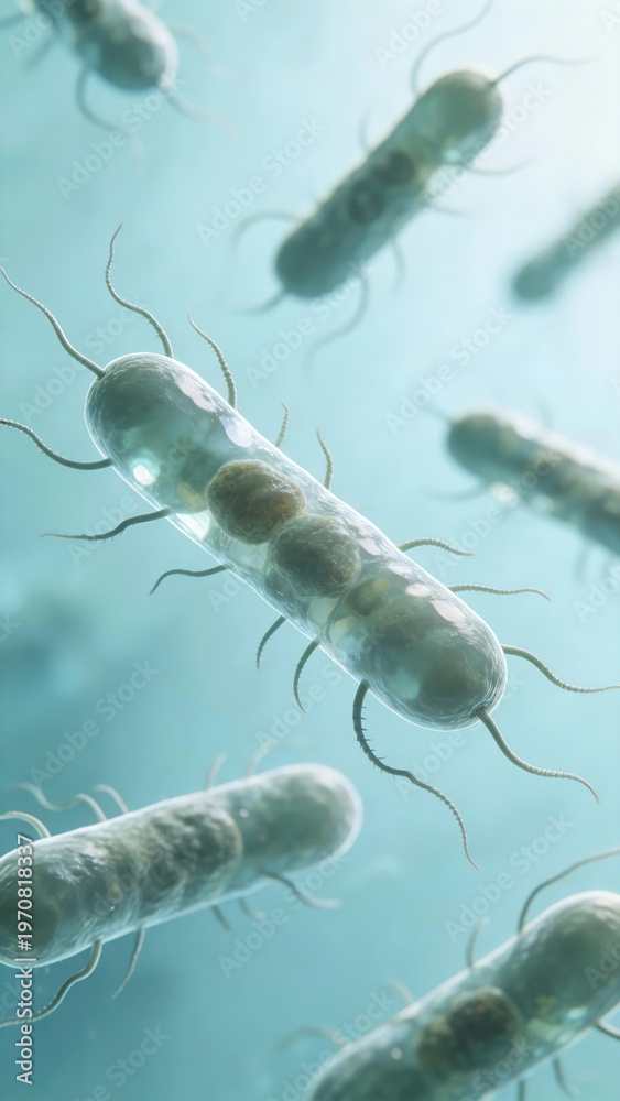 Obraz premium A close-up of Escherichia coli: rod-shaped, flagellated, with transparent cytoplasm.