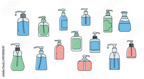 Collection of various hand sanitizer bottles and liquid soap dispensers with colorful designs and pump tops