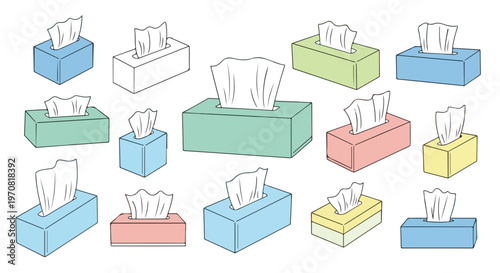 Collection of colorful tissue boxes with white tissues peeking out, presented in a clean graphic illustration style