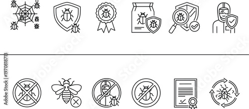 Pest control line icons, insect protection, exterminator, bug spray, pest prevention outline vector icon set collection
