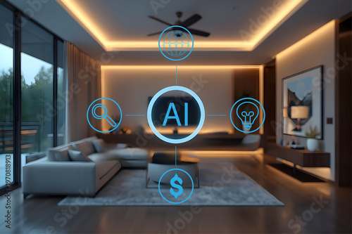 AI Smart Home Automation System – Modern Living Room with Intelligent Lighting & IoT Technology