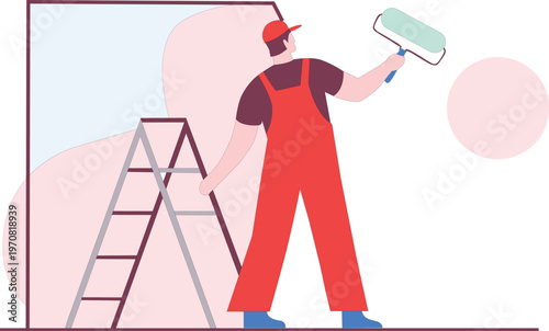 Man in red overalls painting wall with roller and ladder