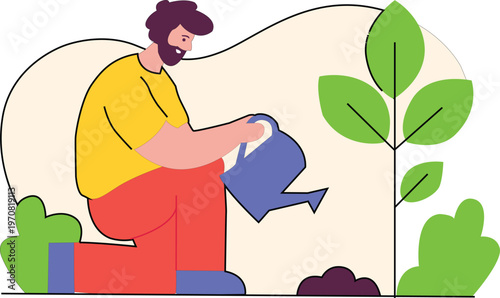 Man kneeling and watering plant with blue watering can outdoors