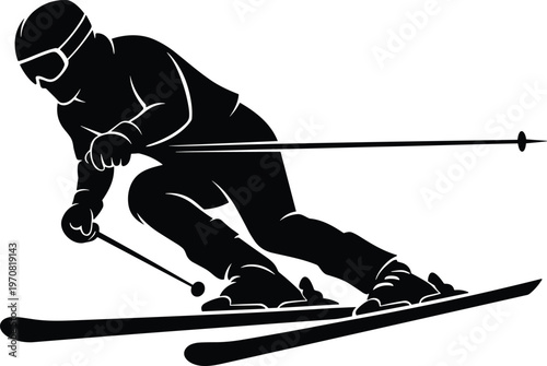 A stylized silhouette depicts a skier in a dynamic downhill pose showcasing the athleticism and thrill of winter sports high quality professional detailed