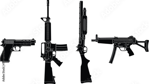 A stark black and white silhouette illustration depicts three distinct firearms a pistol an assault rifle and a submachine gun high quality professional