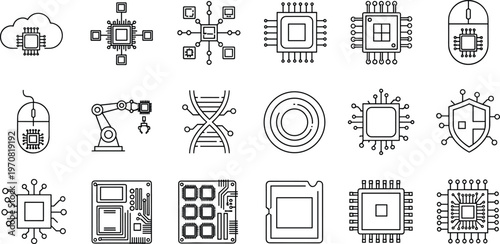 Microchip technology line icons, CPU, processor, semiconductor, motherboard, AI chip, electronics outline vector icon set collection