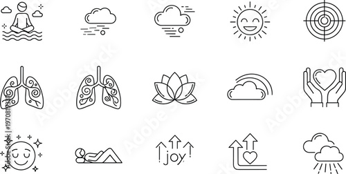 Set of Health, Wellness, and Mindfulness Icons with Meditation, Breathing, Sun, and Joy