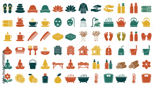 Spa salon flat icon set, wellness and beauty, relaxation treatment, bath accessories.