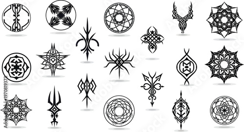 Black Mandala Symbols on White Background