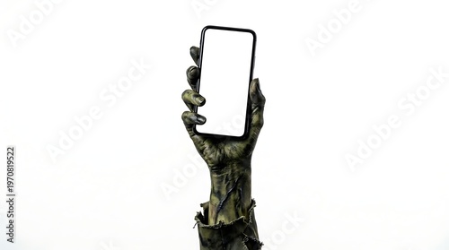 A zombie hand holding up a smartphone with a blank screen isolated on white background