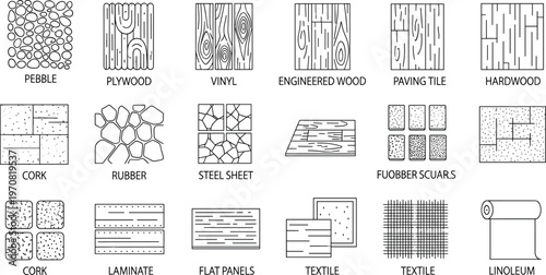 Flooring materials texture line icons, wood, vinyl, cork, rubber, textile, linoleum, paving tile outline vector icon set