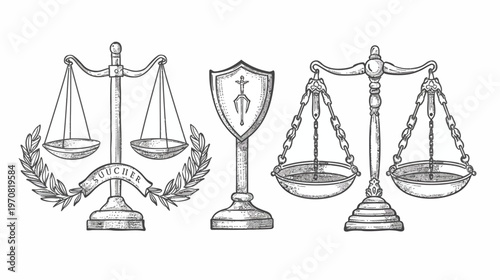 A grayscale illustration of a shield and two scales of justice, symbols of legal representation