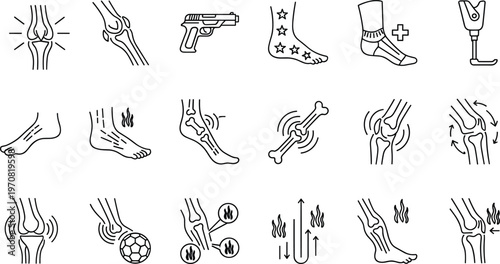 Orthopedic injury line icons, knee pain, ankle sprain, bone fracture, prosthetic leg, joint pain outline vector icon set