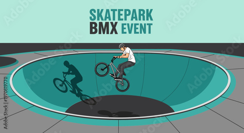 Skatepark BMX Event Illustration Depicting a Rider Performing a Stunt on the Ramp