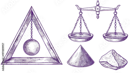 Vintage-style illustration of geometrical shapes including a triangle, sphere, scale and more