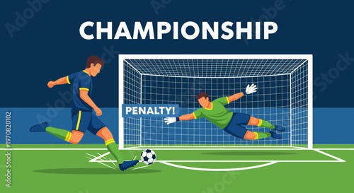 Soccer Championship Action Depicting a Penalty Kick Towards the Goalkeeper's Save Attempt