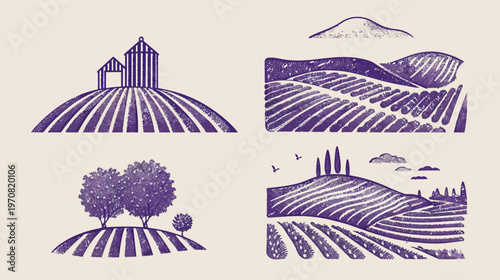 Four stylized illustrations of rural landscapes with fields, trees, hills, and structures
