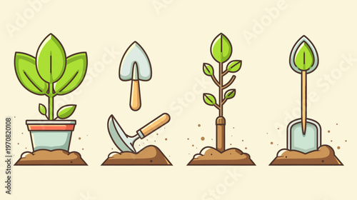 A set of colorful illustrations featuring gardening tools and plants with a flat, cartoonish style