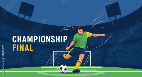 Soccer Championship Final Game Illustration Showing Footballer Kicking The Ball In Stadium