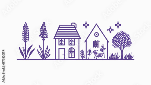 A linear illustration of two houses, trees, and lavender plants against a white backdrop