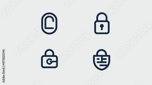 Four dark blue icons with different symbols on a light gray background, clean and minimalist