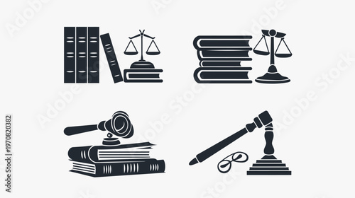Silhouetted symbols associated with law and justice, including books, scales, and a gavel