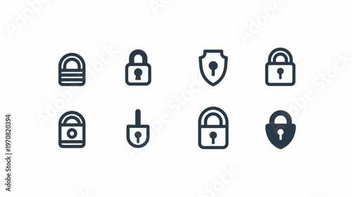 Collection of eight minimalistic padlock icons with different shapes, shades, and styles