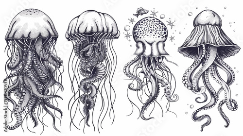 Artistic ink illustration of several jellyfish with tentacles, dots, bubbles, and other sea elements