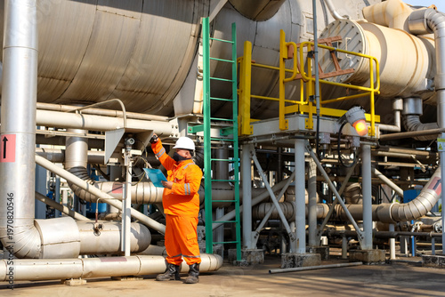 Industrial engineer Inspecting multi effect desalination equipment for purifying sea water