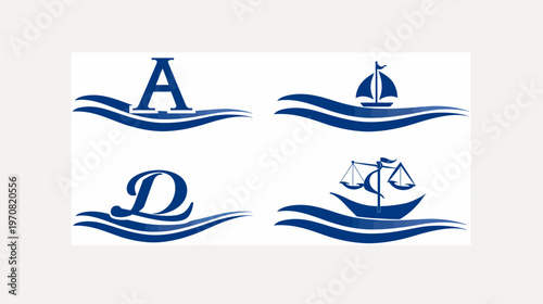 Four minimalist logos using wave elements and nautical themes. A, D, sailboat, & scales