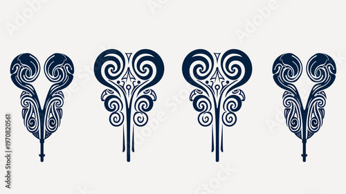 A pattern of symmetrical navy blue, art nouveau style, stylized floral designs on white