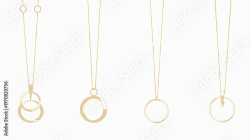 Four pendants of varying designs, hanging from fine chains, rendered in a sketched style