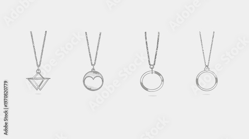 Line-art of four necklaces with different geometric pendants against a simple, light gray backdrop