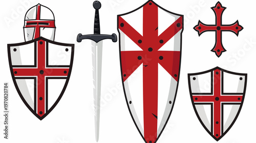 A collection of various objects related to medieval knights, with emblems and weapons
