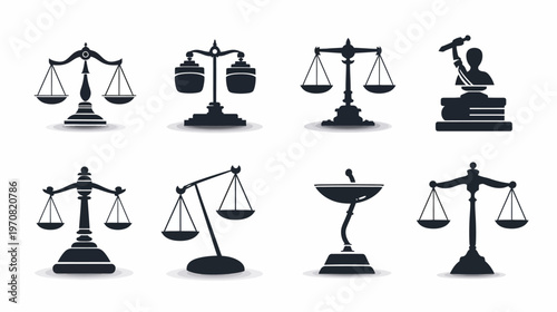 Collection of stylized illustrations depicting the scales of justice and a judge silhouette