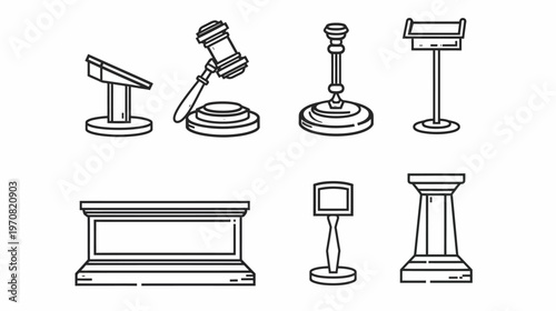 Black and white line art illustrations of various presentation podiums, gavel, and other speech devices