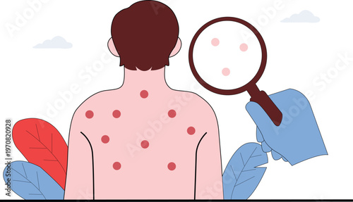 Man with red skin spots on back holding magnifying glass  skin health concept