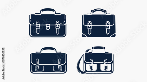 Four stylized illustrations of dark blue satchels and briefcases with white outlines on white background