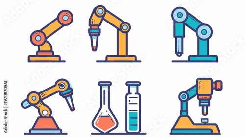 Colorful vector illustration of lab automation and robotics; flasks and robotic arms included