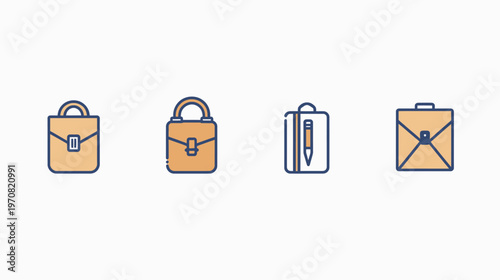 Collection of four stylized briefcases with varying designs in shades of orange and navy on white
