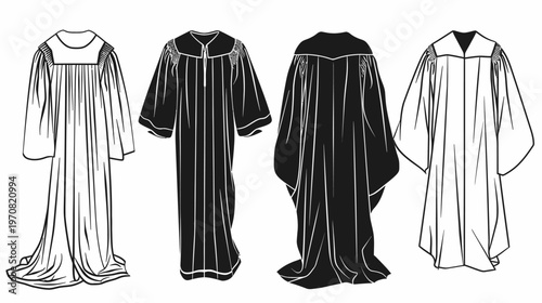 Monochrome line art of academic gowns from various angles, ideal for design or illustrations