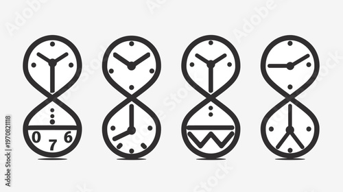 Four stylized hourglasses, each incorporating a clock face showing different times