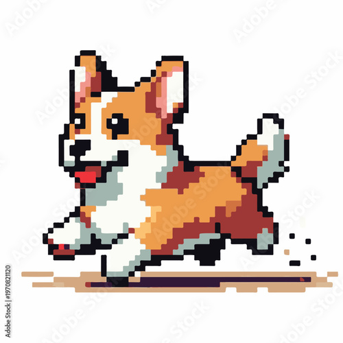 Pixel art corgi dog running happily, cartoon animal illustration for games and websites