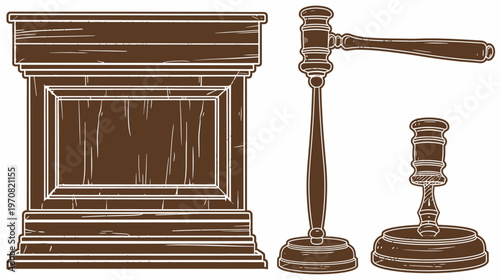 A detailed illustration of a wooden podium, a gavel with stand, and a small gavel