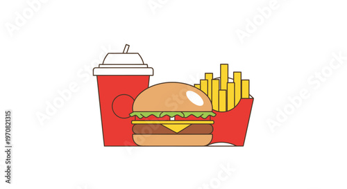 Minimalist flat vector illustration of a burger, french fries, and a drink in a clean, modern style on a white background with a soft gradient